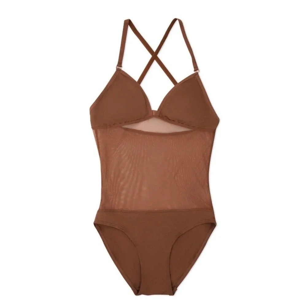 Capezio Plunge Neck Mesh Midriff Leotard skintone 60 brown CM NWT child medium